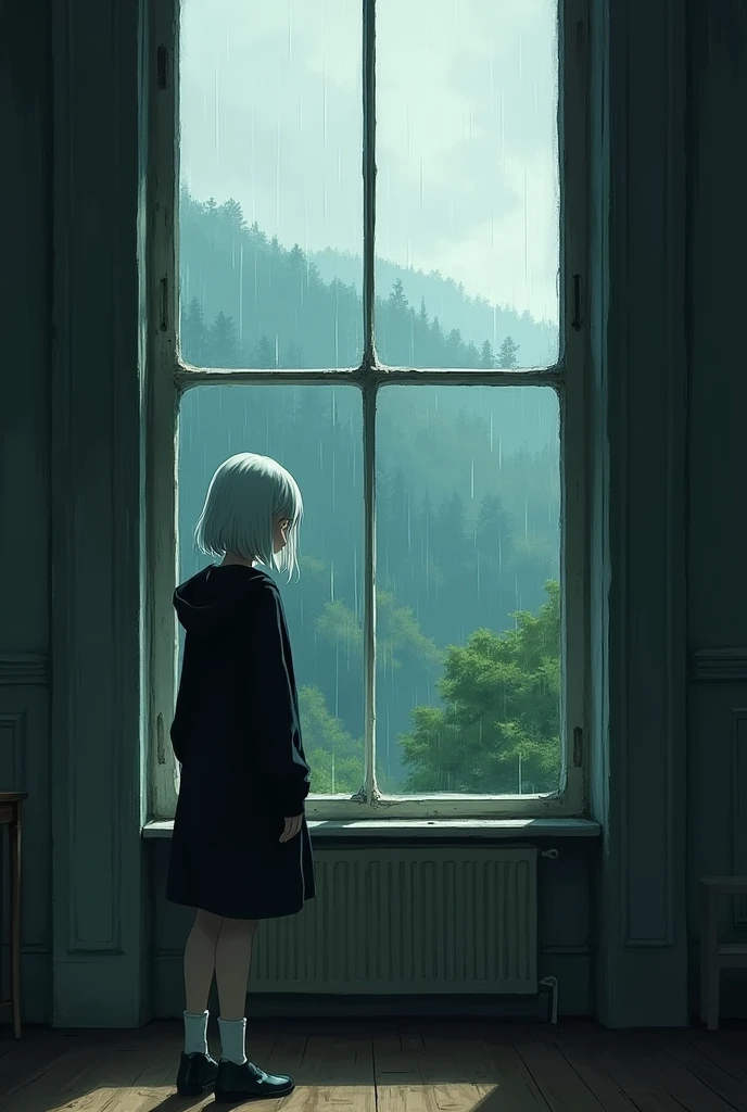 Make me a portrait image of a beautiful white girl wearing a black hoodie but she is standing up and we can only see behind her make it look like she’s looking outside her big long window at the rain the forest make it look like we are looking farther away make her look smaller