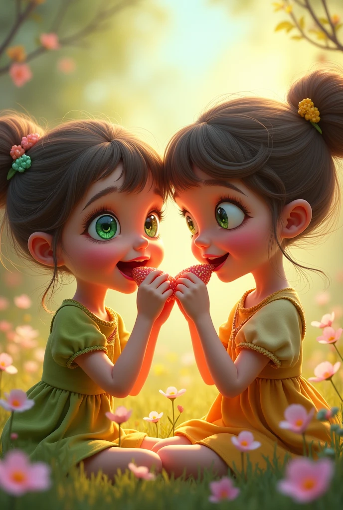 Pretty green-eyed twins each with a candy Happy