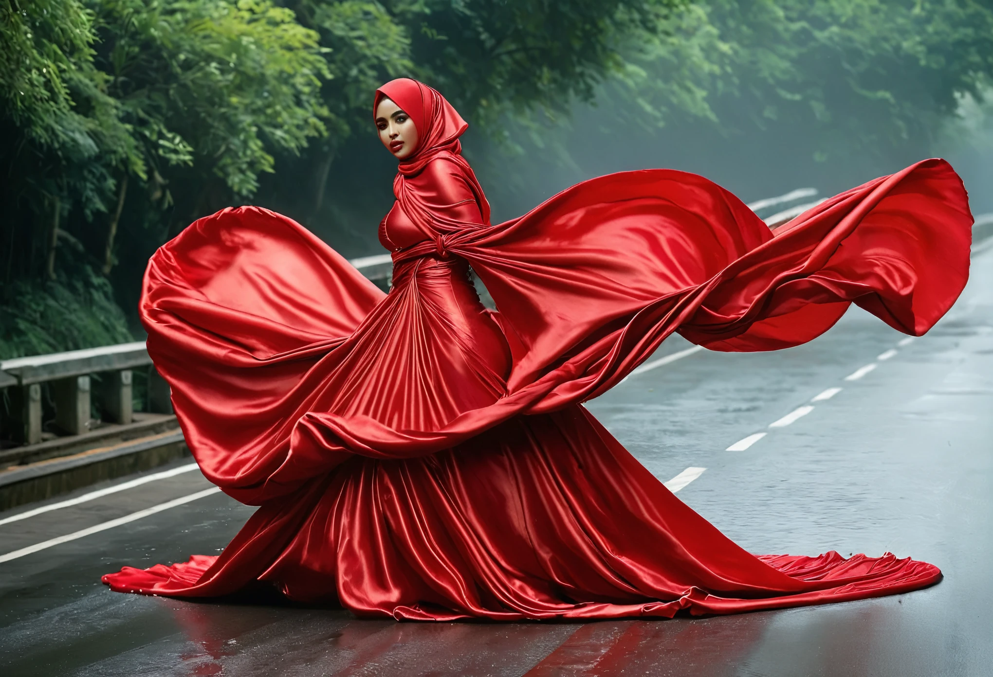 A woman shrouded in a 8-meter-long, plush red satin cloth, tightly bound and grandly draping along the form of her body, flowing off into a pooled floor-length train, styled in a mermaid-inspired outfit, her head modestly veiled in a satin hijab, 165 height woman, walk in wet road, a full-body pose conveying a sense of mysterious elegance, captured in a 4k resolution, ultra-realistic