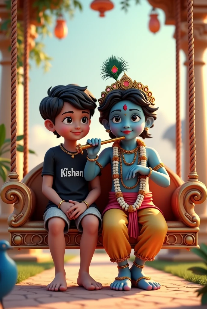 Create 3D image of 1 Indian devotional boy sitting next to Krishna ji and Krishna ji is playing flute, they both are on swing and swing is nicely decorated and sitting together, boy is wearing black color T-shirt with name “ kishan ” written on it, heaven like beautiful scene background, peacock dance, realistic image and boy is bare feet.