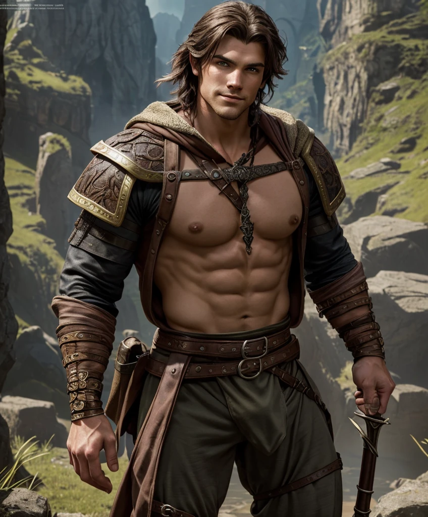 (((Solo focus.))) (((Single character image.))) (((Looks like a great fantasy adventurer.))), (large bulge), (((Dressed in medieval fantasy attire.))) (((Handsome and young.))) (((Looks like beefcake male fantasy character.))) (((Dressed in medieval fantasy attire.))) (((Ideal male physique.))) (((Bare chest, tattoos, perfect abs.))) (((Long white hair in a sexy masculine style.))) (((Swashbuckler fashion.))) Looks like a fun-loving and heroic male adventurer for Dungeons & Dragons. Looks like a very attractive male adventurer for a high fantasy setting. Looks like a handsome and rugged male adventurer for Dungeons & Dragons. Looks like a handsome male for a medieval fantasy setting. Looks like a Dungeons & Dragons adventurer, very cool and masculine hair style, black clothing, handsome, charming smile, adventurer, athletic build, excellent physique, confident, gorgeous face, gorgeous body, detailed and intricate, fantasy setting,fantasy art, dungeons & dragons, fantasy adventurer, fantasy NPC, attractive male in his mid 20's, ultra detailed, epic masterpiece, ultra detailed, intricate details, digital art, unreal engine, 8k, ultra HD, centered image award winning, fantasy art concept, digital art, centered image, flirty,ure:1.4, picture-perfect:1.0,8k, HQ,best quality:1.0,