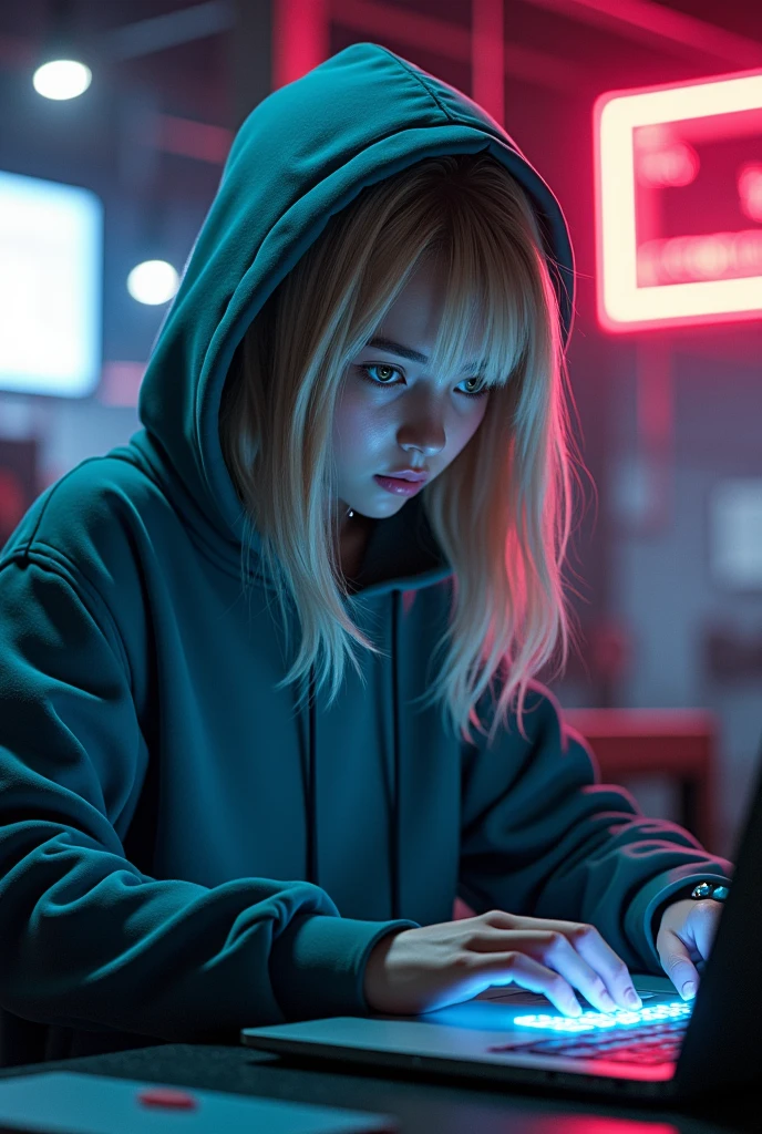 A programmer/hacker girl, cyborg, cyberpunk style, wears hoody and has hood on head, has a laptop, blonde hair, without bangs