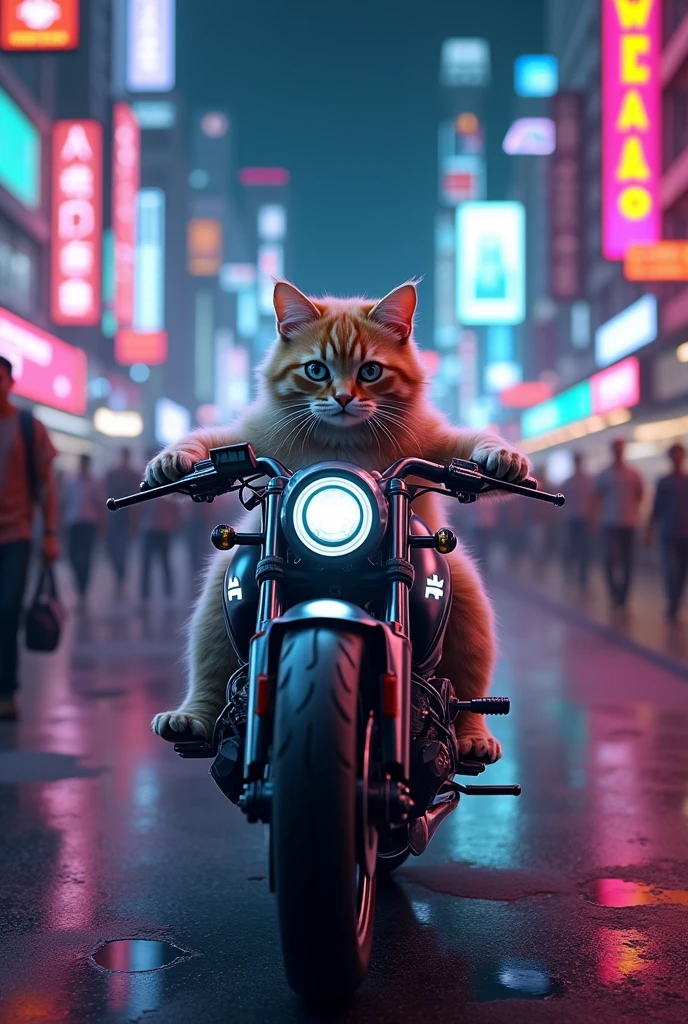 Cute Cat on a motor bike in cyberpunk at night in kolkata city surrounding with people , Neon light