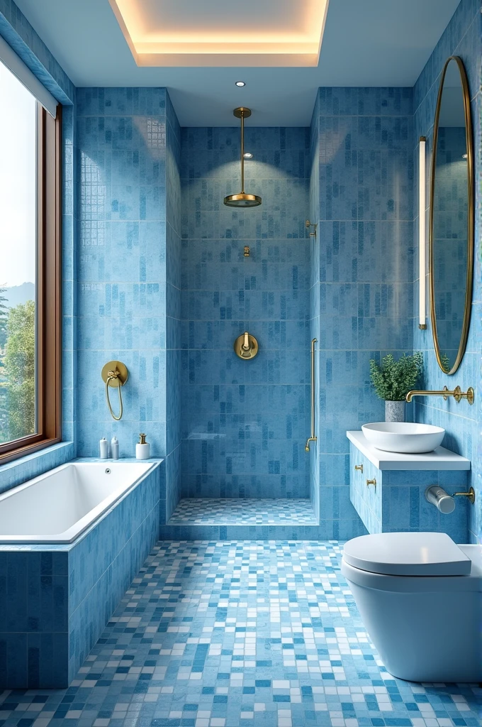 My ideal bathroom is very large with all the comforts such as hot and cold water with a blue checkered tile to make it look elegant and pretty.