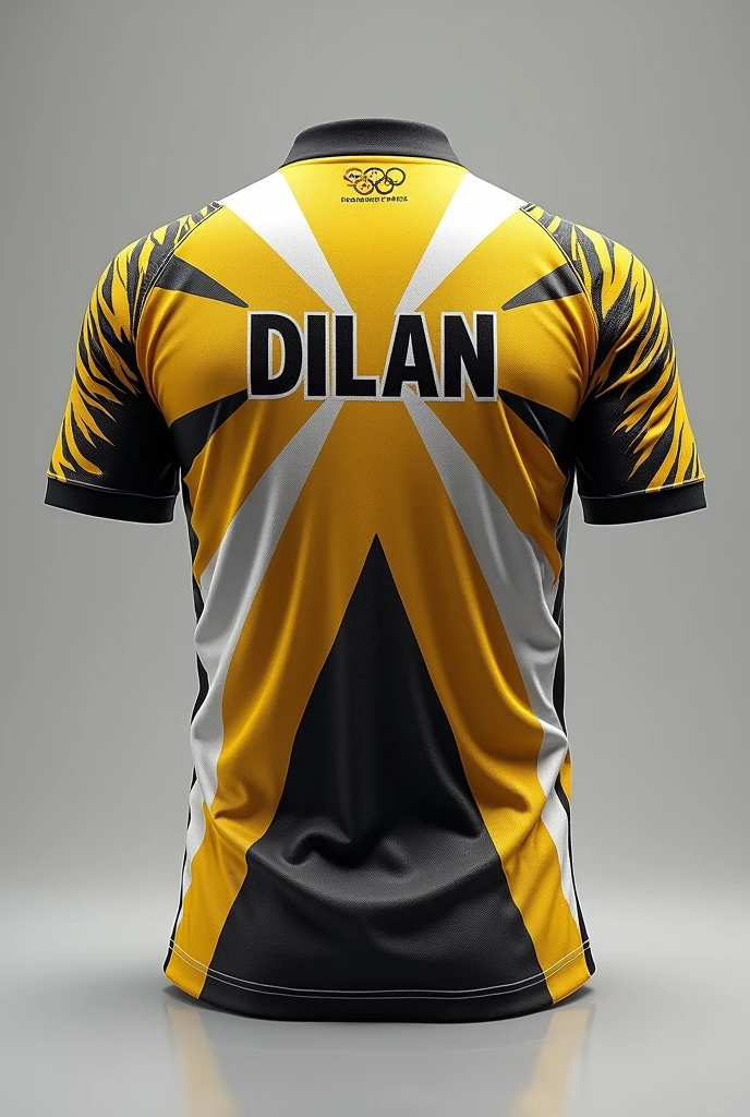 Shirt with gold and white rays for the Olympics with a name on the back that says Dilan, Thor theme


