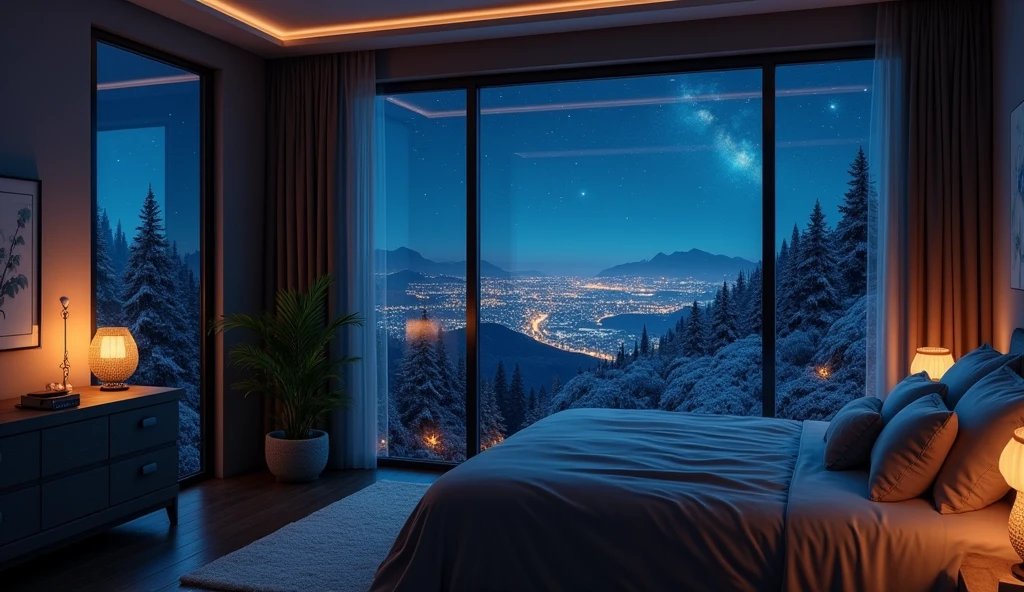 beautifulなベッドルーム、Window with a night view、Dimly lit room、Live-action-like images、High quality、Super Real、Night image、beautiful、Highest quality、