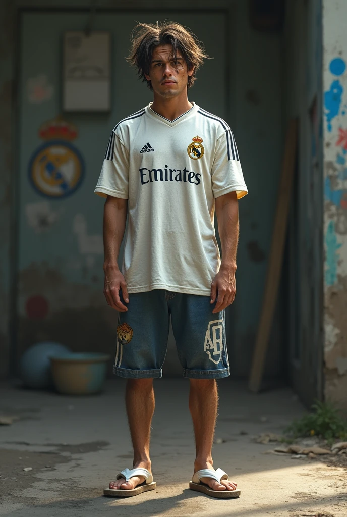 Create a super realistic drawing! With a Real Madrid team shirt! With white flip-flops and a faded haircut!