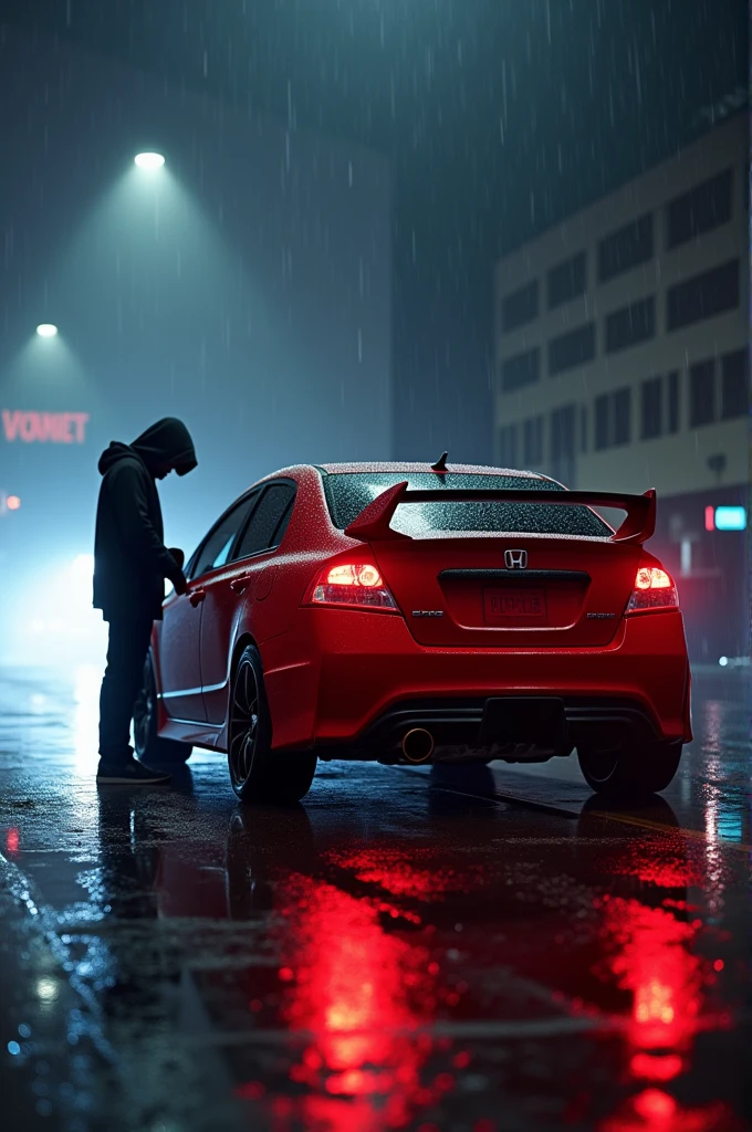 A red 2008 Civic Si with spoiler on a rainy night touching a man next to the car