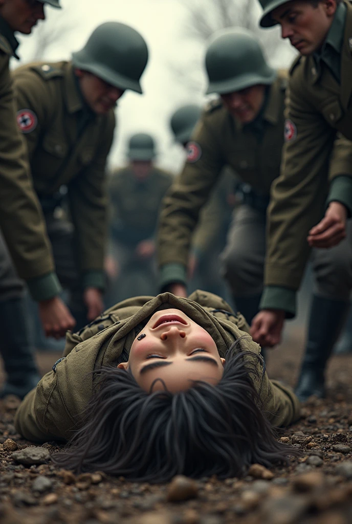 Jewish boy with long hair, wounded on the head, lying on the ground during World War II,with Nazi soldiers beating him