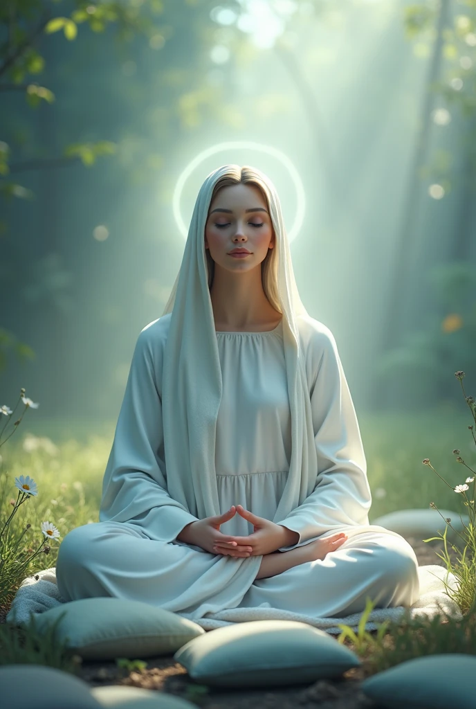 Create a high definition image of Our Lady in a serene and balanced environment.
with an expression of peace and balance. Include meditation elements, as meditation cushions or a space for reflection, and use soft colors like blues and greens. The image should convey a sense of calm and harmony.."