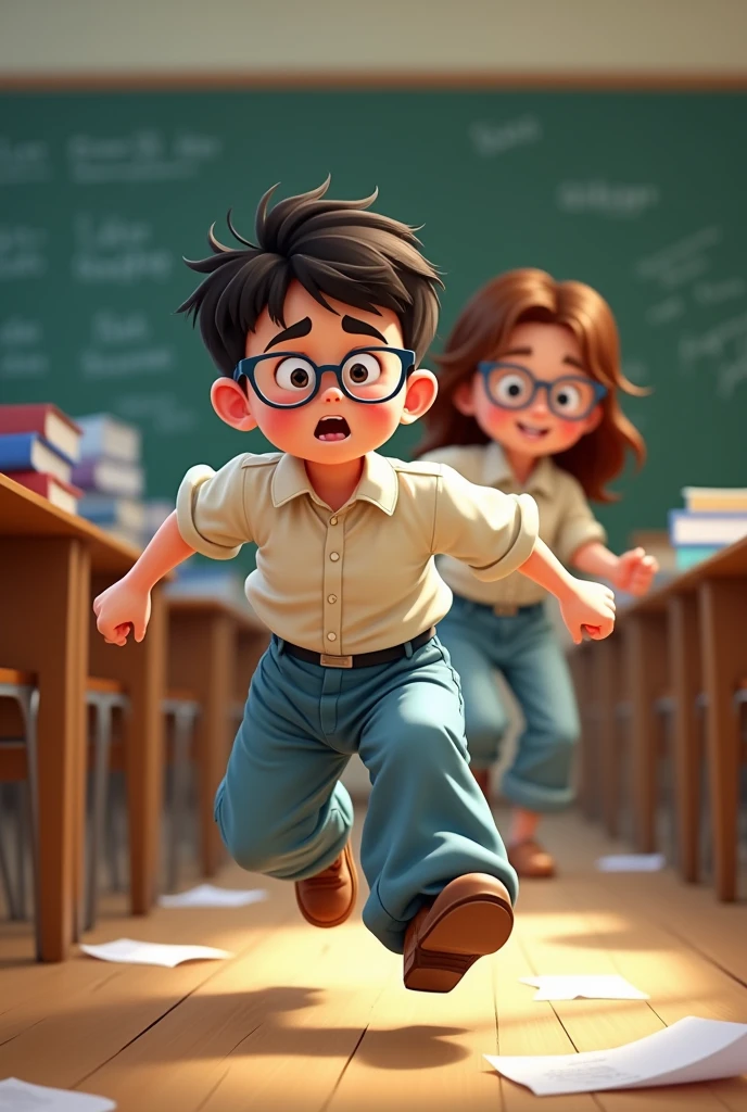 makes a boy with glasses and a collar and big pants running from a fat girl, with glasses and a classroom background