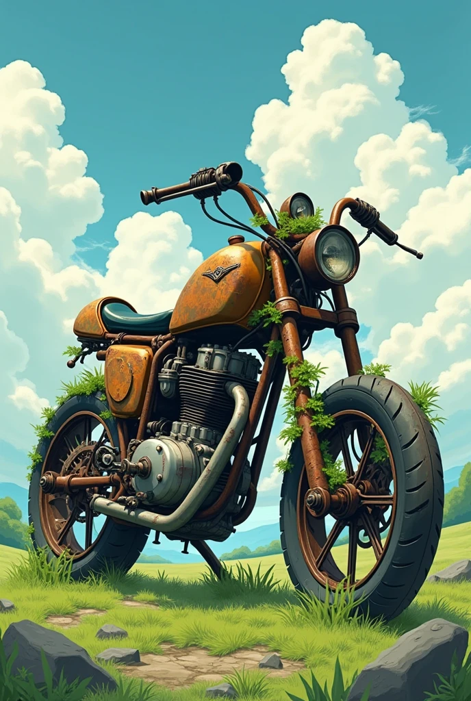 Motorcycle casts with rusty scrap metal and worn wheels in 2D Ghibli style 