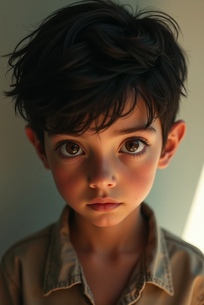 Boy with short dark hair, brown skin, dark eyes