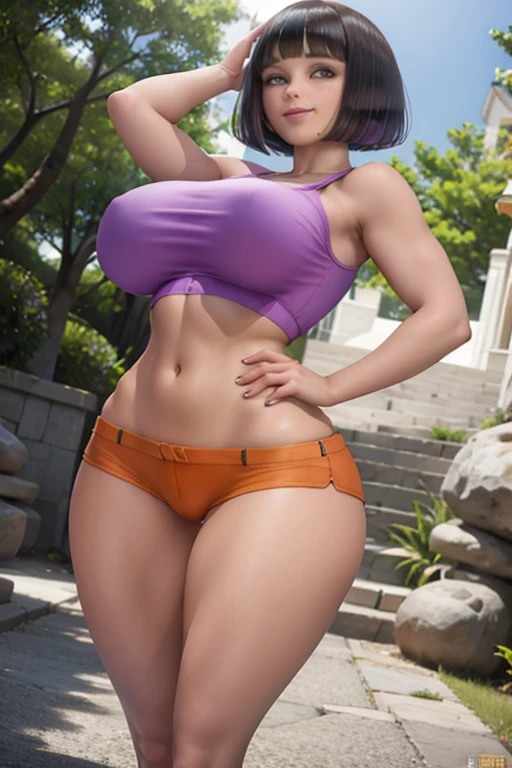 Dora, sexy pose, big breasts, curvy, smile, bob haircut, Purple crop top, orange mini shorts
