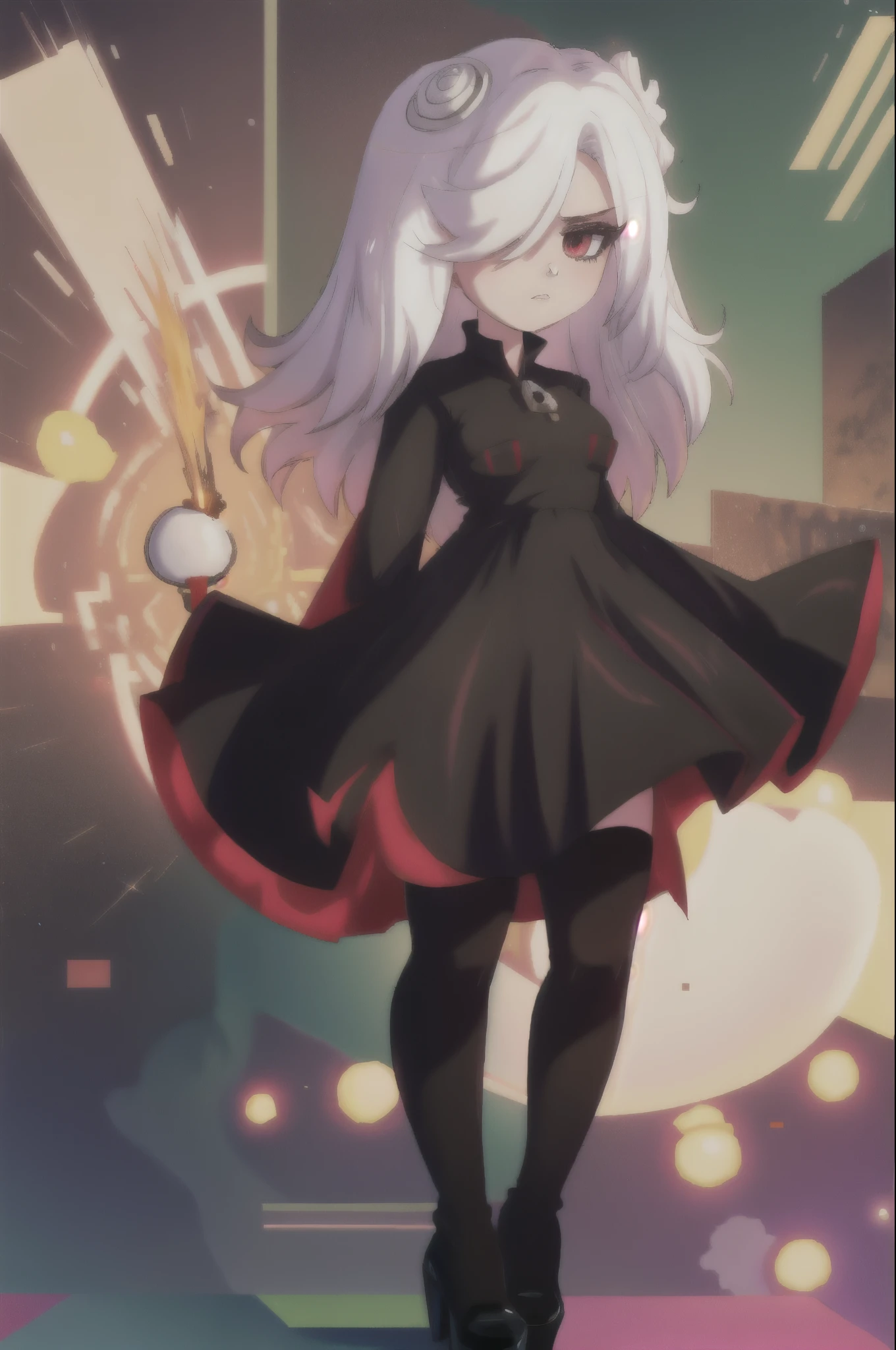 sthsage, Sage as an Adult, ((long hair)), ((lower back length hair)), white hair, multicolored hair, hair over one eye, red eyes, ((black dress)), (full skirt black dress), ((white zipper-like lining down center of dress)), standing, blank expression, ((lab background)), slightly above average sized breasts, (long sleeves), eggmaam styled black dress, eggmaam cosplay, eggmaam uniform, black thigh high boots, heels