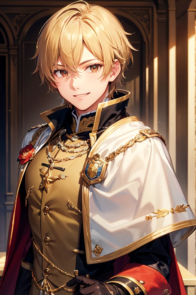 ((masterpiece, best quality)), detailed eyes, 1 man, brown eyes, masculine, short honey-blond hair, fantasy manor interior background, clear background, handsome, calm smile expression, prussian tunic, justice balance scale badge, oneside cape, gloves, close-up, front view, medium shot