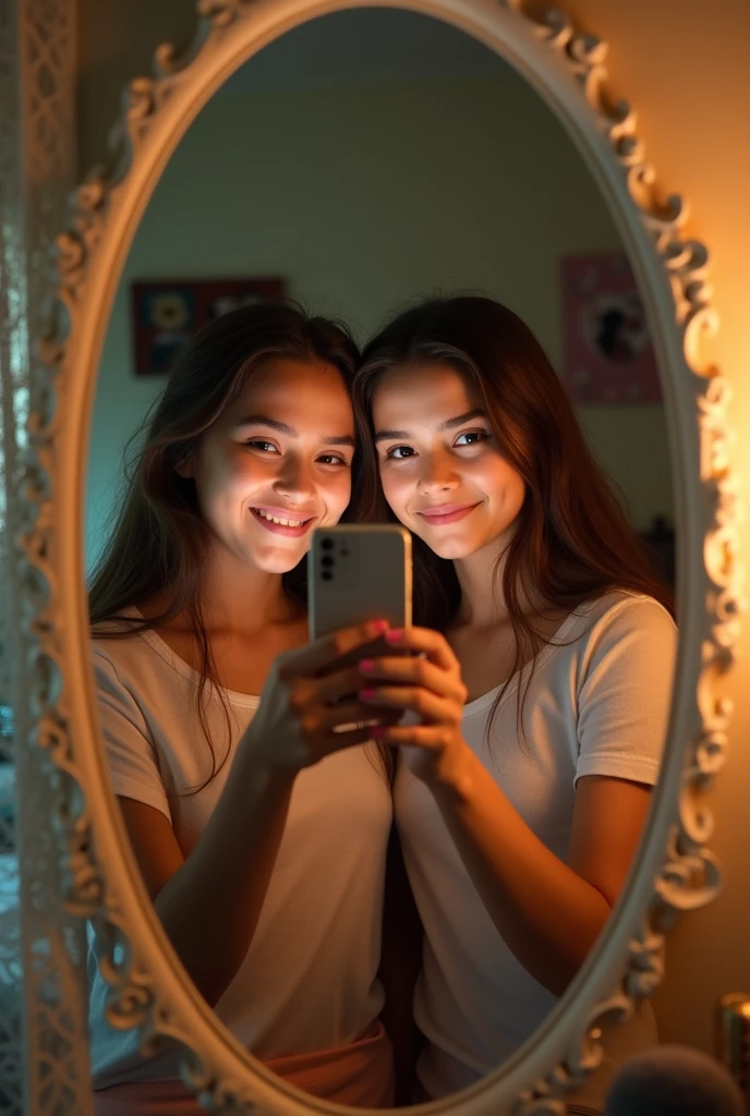 Generate a photo of a 2 Colombian girl and pretend that she took the photo herself in front of a mirror in a woman's room, that has some filter and that holds the cell phone with which the photo was taken