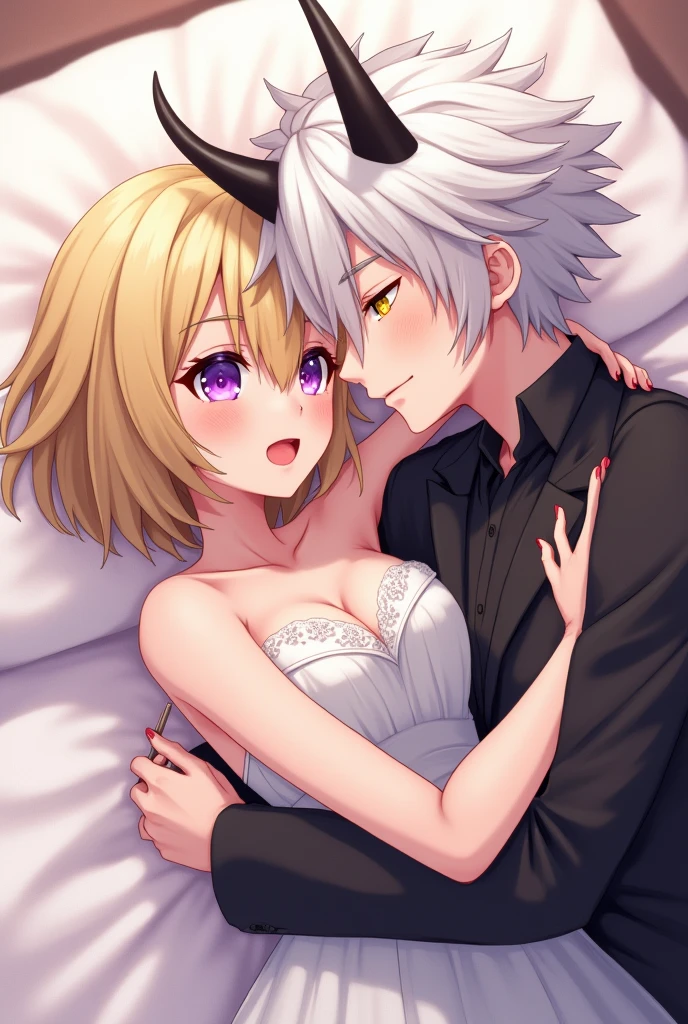 anime woman , Blonde Short hair, purple eyes, with wedding dress,  with a man with white hair, With black streak , and horned, yellow eyes, Black toothpick,  Lying in bed And kissing  , icon format 