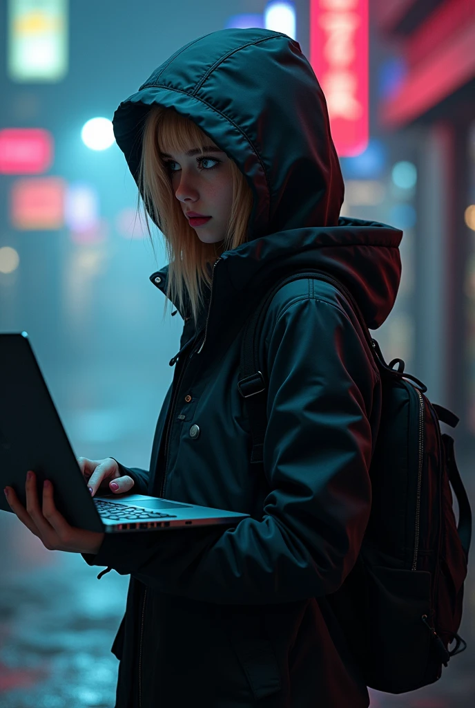 A programmer/hacker girl, cyborg, cyberpunk style, wears hoody and has hood on head, has a laptop, blonde hair, without bangs, the face is not so visible