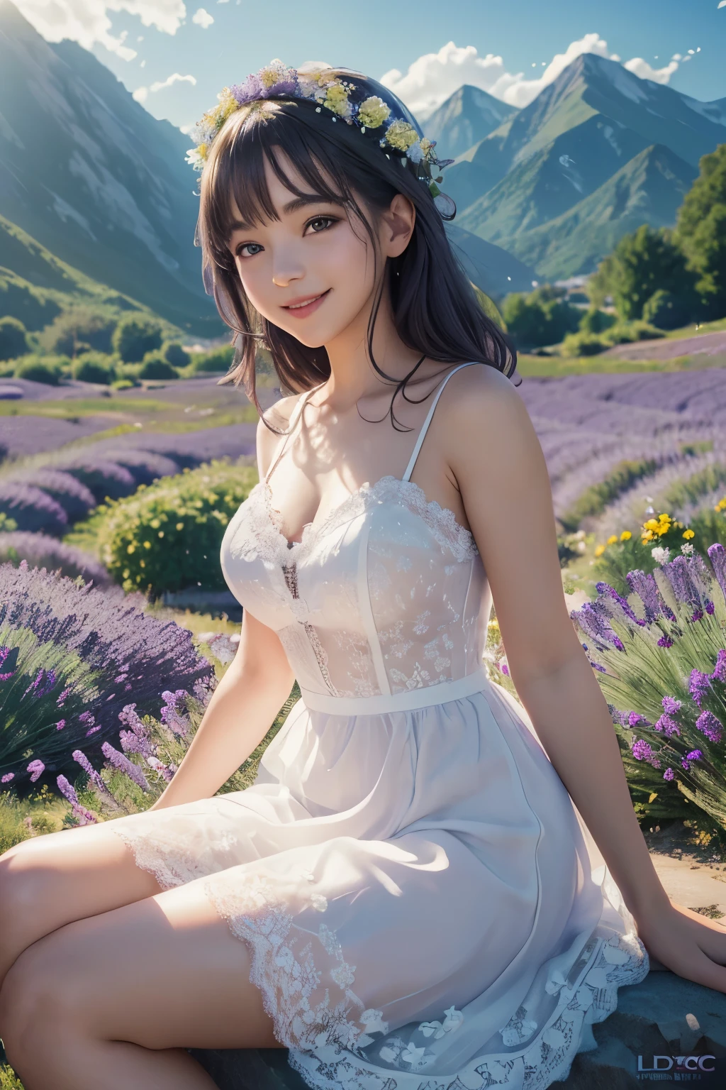 cute sexi girl,lavender,white short dress,lace dress,smile,flower garden,full body,sitting,mountains in the distance,light particles,(Depth of field,cinematic angle,cinematic lighting:1.2),blurry background,blurry foreground,(masterpiece:1.2),(best quality:1.2),(very aesthetic:1.2),(absurdres:1.2),(detailed background),newest,intricate details