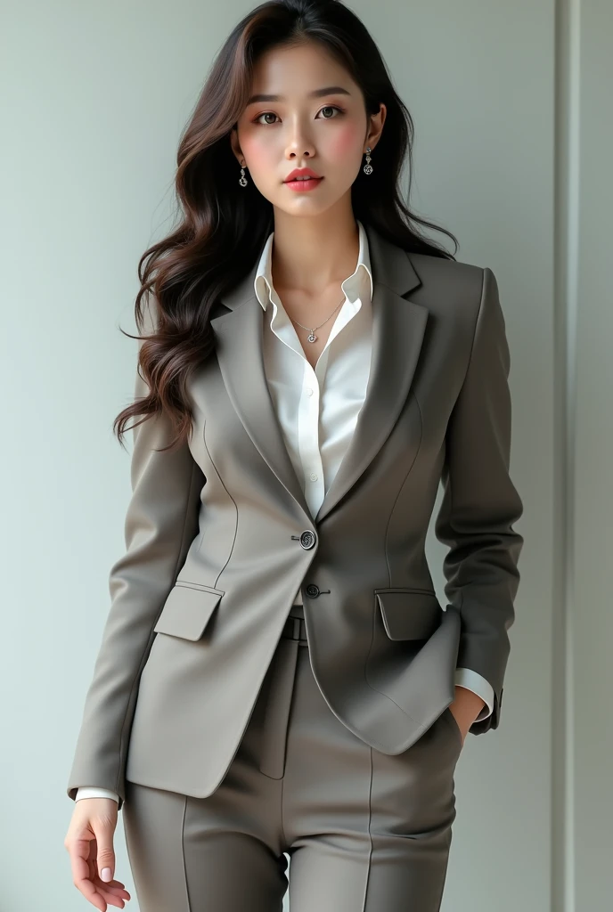 photorealism. A Korean woman with a big bust, Thin waist, shapely hips and legs. A beautiful face, dressed as a lawyer
