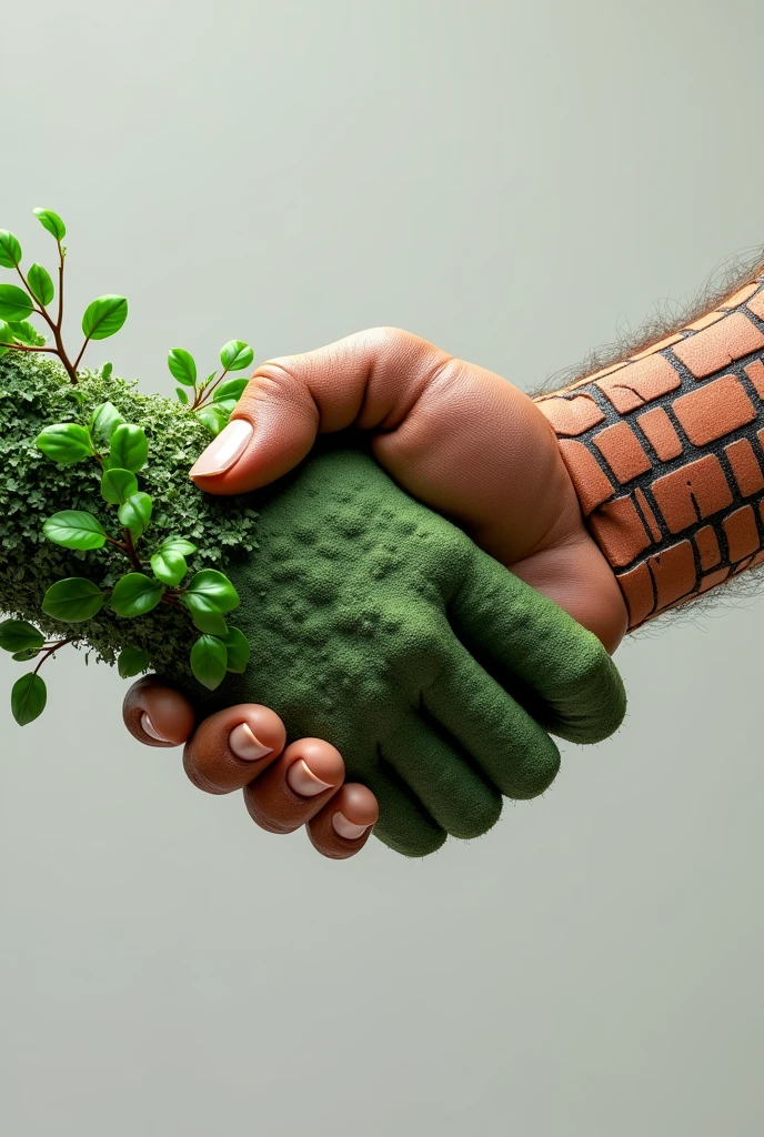 I want a handshake between a green hand with several leaves and branches and another hand made of construction bricks, the fingers as if they were several bricks with plaster, the fingers have to be made of brick too and several lines of concrete