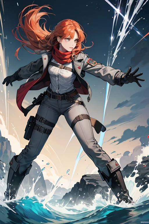 Tartaglia ginger hair wears a gray jacket that is left unbuttoned at the bottom to reveal a belt, attached to which is her Hydro Vision. sHe also wears a red scarf that goes across her chest and over her left shoulder, which becomes infused with a wispy Hydro effect when in the melee stance of her Elemental Skill Foul Legacy: Raging Tide. Paired with her jacket are gray long pants that run down to her black boots, with one half of both boots folded down, and a chain attached to the right-side boot. sHe also wears a thigh garter and short gloves. SPARKLE; GLITTER