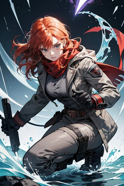 Tartaglia ginger hair wears a gray jacket that is left unbuttoned at the bottom to reveal a belt, attached to which is her Hydro Vision. sHe also wears a red scarf that goes across her chest and over her left shoulder, which becomes infused with a wispy Hydro effect when in the melee stance of her Elemental Skill Foul Legacy: Raging Tide. Paired with her jacket are gray long pants that run down to her black boots, with one half of both boots folded down, and a chain attached to the right-side boot. sHe also wears a thigh garter and short gloves. SPARKLE; GLITTER