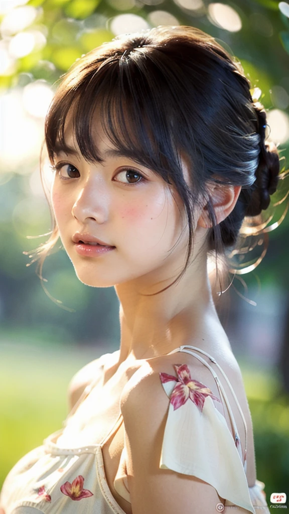 (ultra-detailed CG artwork:1.2), (photorealistic:1.3), (Japanese woman:1.1), A girl, solo, portrait, gentle expression, hairstyle updo, white sundress, park background