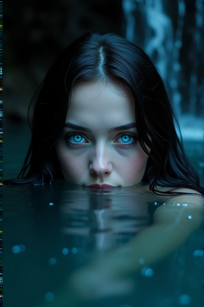Beautiful bright sapphire blue eyes, the eyes are a beautiful blue, Those eyes are those of a black-haired woman with skin as white as porcelain., She is in a dark waterfall at night, is submerged up to the eyes, letting her beautiful blue eyes show.