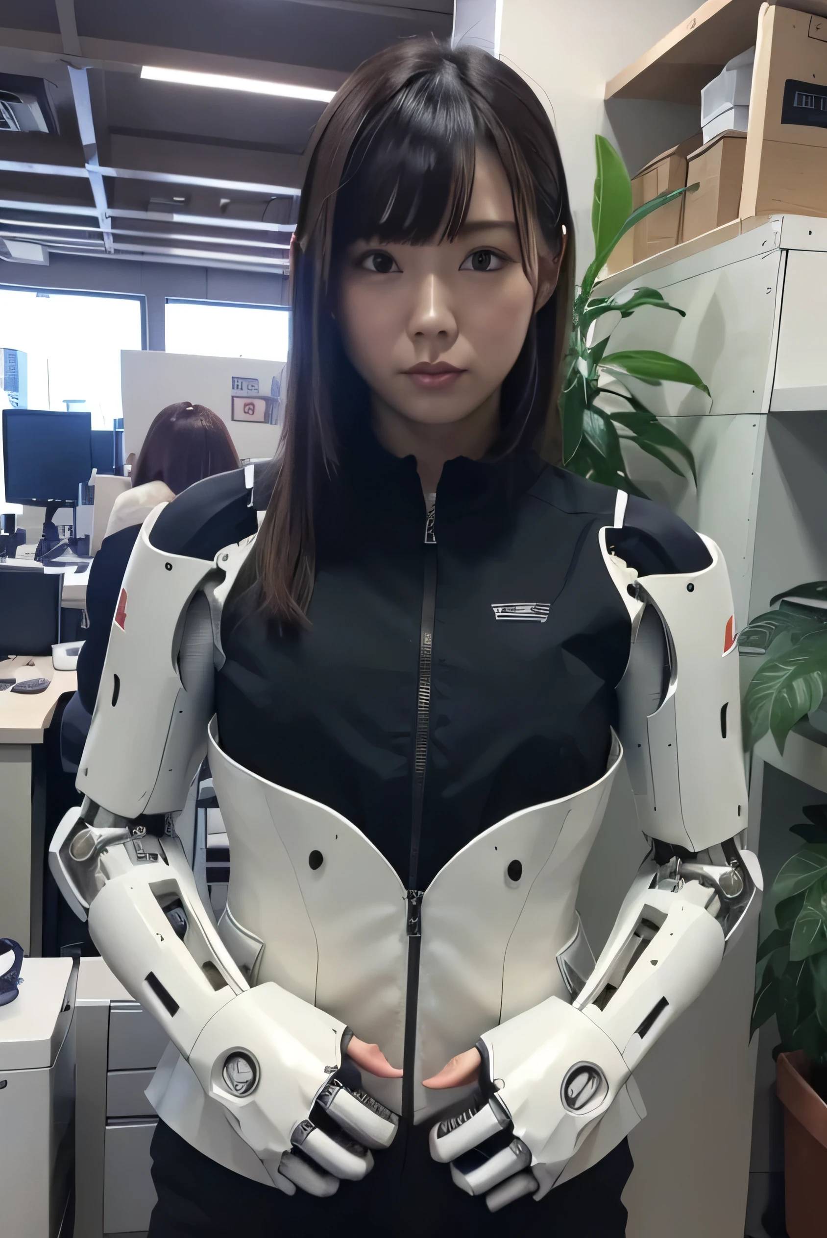 masterpiece, best quality, extremely detailed,portrait, Japanese android girl,Plump ,control panels,robot arms,robot,android,cyborg,robot body,blunt bangs,robot repair plant,black skinny pants,boots,blue eyes, office-lady