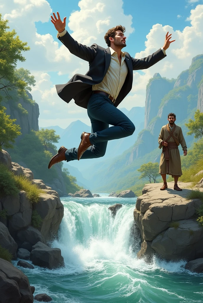 A rich man jumping over a river and a poor man afraid to cross it