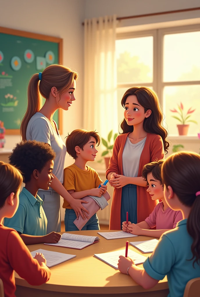 A kind teacher hands small pieces of paper with Bible verses to curious children, who eagerly examine their clues for a treasure hunt."Disney style cinema