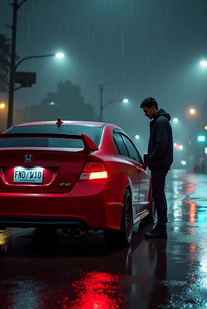 A red 2008 Civic Si with spoiler on a rainy night touching a man next to the car