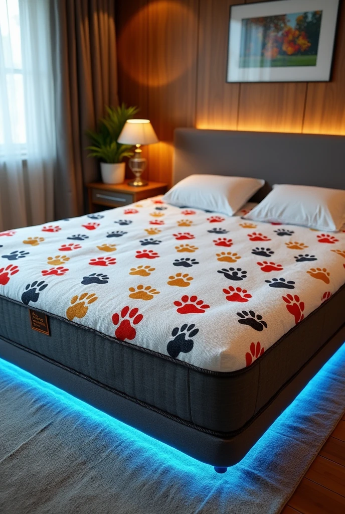 An example of a jumbo mattress that uses a bed cover with a picture of animal feet plus AC and lights under the mattress..