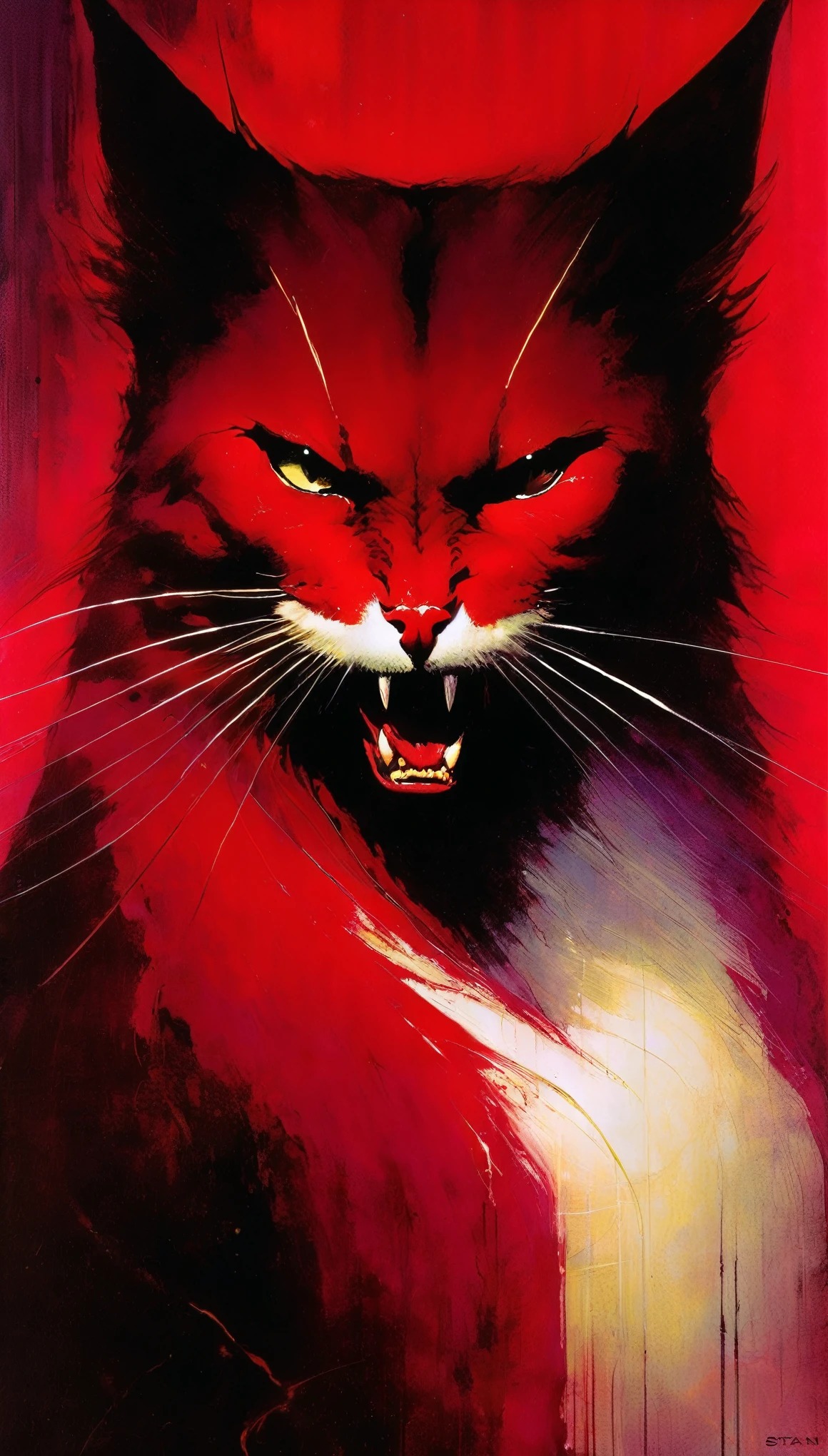artistic inspiration of bill sienkiewicz
feline animal painting,(Crimson:1.1),satan cat,roar,reverse cross,satan's shadow,leaning_to_the_side