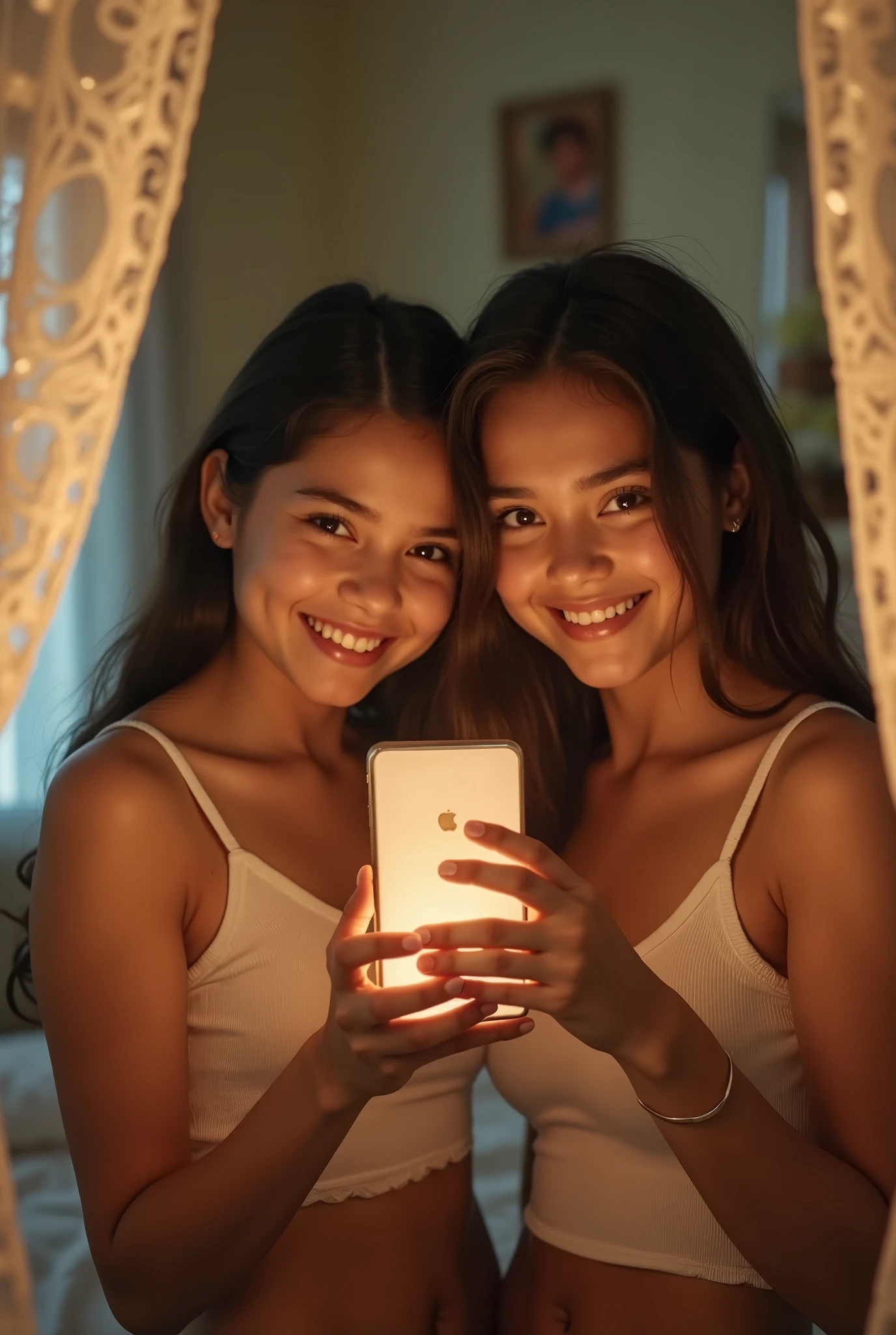 Generate a photo of a 2 Colombian girl and pretend that she took the photo herself in front of a mirror in a woman's room, that has some filter and that holds the cell phone with which the photo was taken