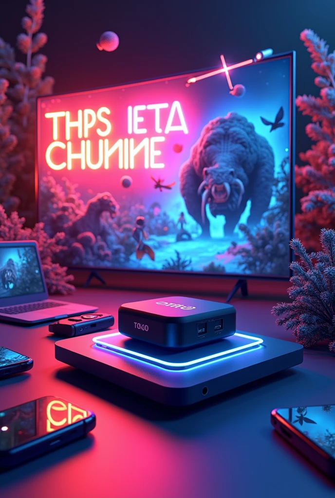 At the top "all channels released,Movies and series",below centered the phrase "own app for roku tv",below the sentence "unbeatable promotional price",in the footer the phrase "Try it for free",in the background images of tv box equipment,smart tv,fire stick,notebook,connected smartphones,all in vivid, vibrant colors and in 3D format