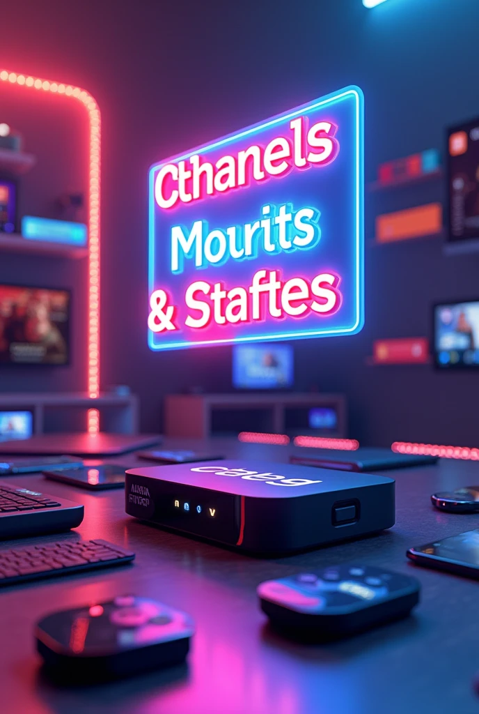 At the top "all channels released,Movies and series",below centered the phrase "own app for roku tv",below the sentence "unbeatable promotional price",in the footer the phrase "Try it for free",in the background images of tv box equipment,smart tv,fire stick,notebook,connected smartphones,all in vivid, vibrant colors and in 3D format