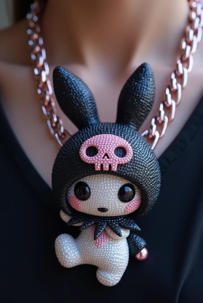 A Cuban-style chain necklace with a pendant featuring Kuromi is a fictional character. She is a naughty and somewhat rebellious bunny from the world of My Melody. Kuromi has a black hood with a pink skull in the center and a clown collar and a black demon tail, three-pointed triangular ears with two little balls on the tip of the female ear, and a white body. . Made of diamonds, diamond scraps facing forward.