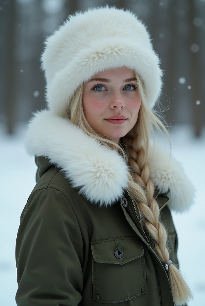 masterpiece, Highest quality, Super Rendering, A face with attention to detail, Cowboy Shot, One person, alone, Beautiful German Teenage Girl, Platinum Blonde Hair, Single Braid, blue eyes, White Russian fluffy fur tall hat and、Wearing army green winter clothing with a white fur collar, With arms folded, looking towards the viewer, Shallow depth of field, Sharp focus, Flat lighting, Photorealistic, Gentle smile on the face