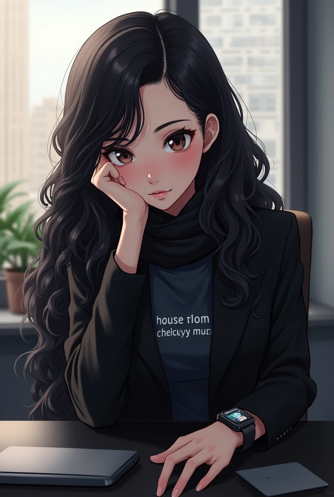 A girl setting on chair in the office wearing black sout, smartwatch on his left hand put on the black table.the girl has long curly black hairs and wearing skaff and T is written on the shirt