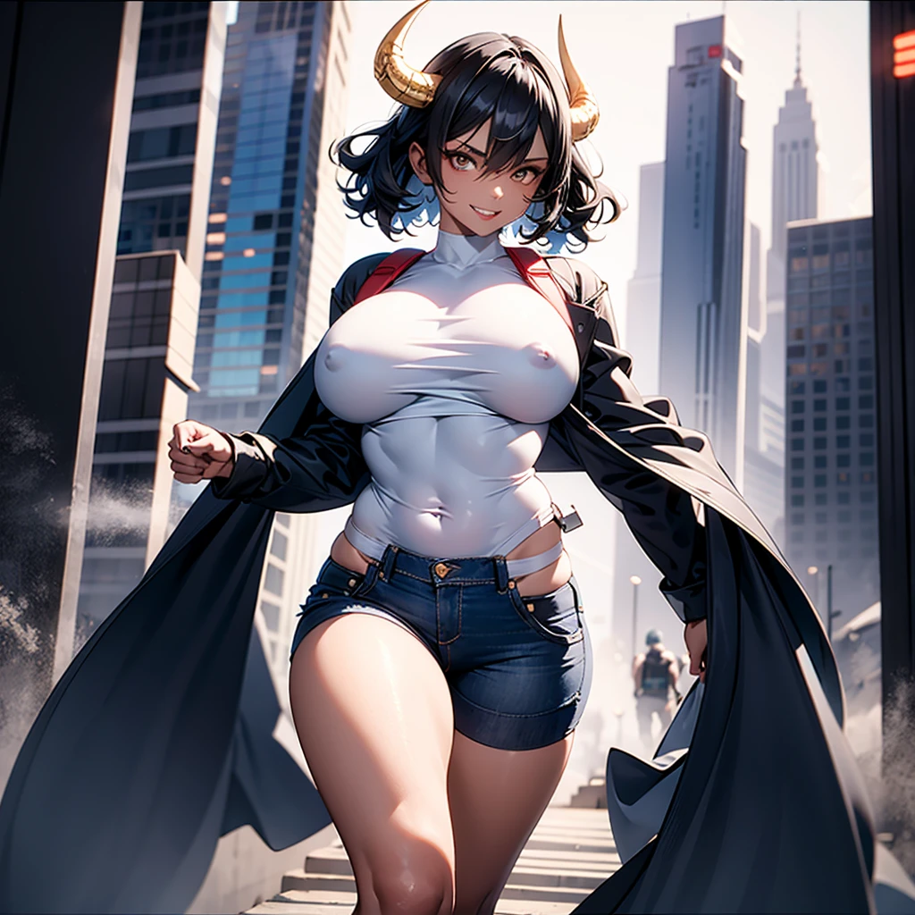 ((best quality)), (detailed), 1 brutal women, 8k_wallpaper, extremely detailed eyes, (large masterpiece digital art), (intricate details:1.3 ), (ultra-detailed:1.3), (sharp focus:1.3), (natural lighting:1.05), (vivid colors:1.3), (best quality:1.4), expressive eyes, full body, detailed face, beautiful face, perfect face, ((hair black curls)), ((blue horns)), (gold eyes), {{dark skin}}, ({dark skinned female}), (big breasts), huge chest, big wide ass, powerful relief muscles of the abdomen and legs, powerful strong muscles of the arms, a predatory and daring look, a predatory smile with a lot of fangs, dressed in an open white coat with rolled up sleeves, a translucent blue crop top through the fabric, the clear outlines of large pointed nipples are visible, denim mini-shorts, leather gloves, steel bracelets, a large hiking backpack, walks along the street of a large metropolis in the cyberpunk style with many advertising neon tabloids and labels of establishments, sunny day, light fog,