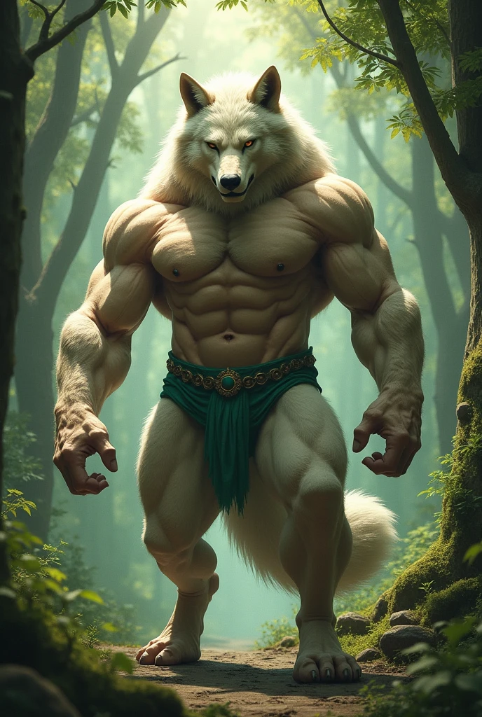 A humanoid wolf with a lot of muscles.
With a lot of volume in the waist.
light fur.
forest landscape.
Emerald green tight .


