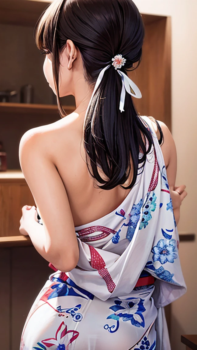 Yukata、Close contact to the body、Alluring、, drunk, modern, from behind, Canon, masterpiece, anatomically correct, super detail, high details, high quality, 16k