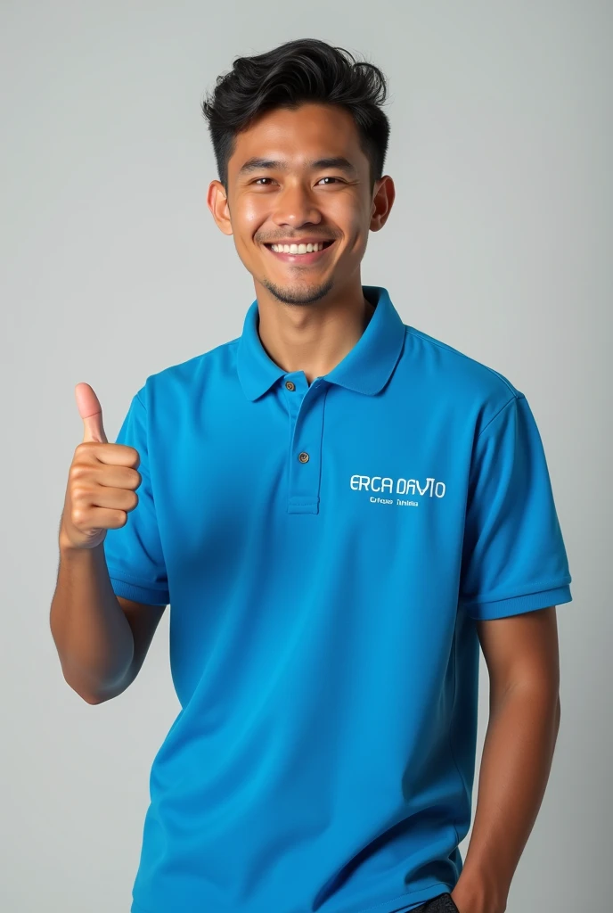 Create a realistic young Latino with a polo shirt collar in total electric blue. besides, The polo shirt must have the phrase " CRECE MASS" printed on the right chest. The young man without facial beauty . Must have thumb up . The young person must be between 18 and 20 years old.