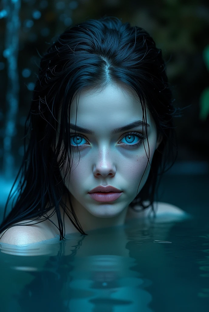 Beautiful bright sapphire blue eyes, the eyes are a beautiful blue, Those eyes are those of a black-haired woman with skin as white as porcelain., She is in a dark waterfall at night, is submerged up to the eyes, letting her beautiful blue eyes show.