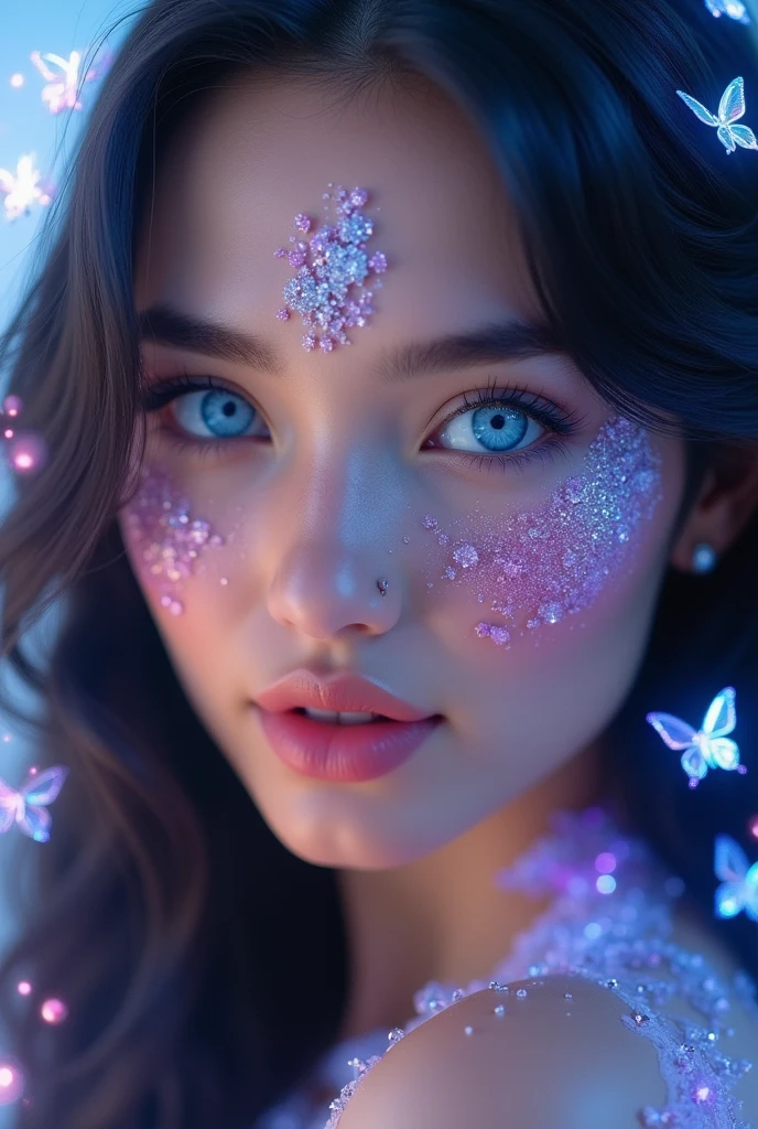 Close-up of a best masterpiece, HD photography, INTENSE SAPPHIRE SKY BLUE EYES only the face of a beautiful Russian woman like Aphrodite, with black hair in waves and sapphire blue eyes as clear as the sky, SAPPHIRE BLUE EYES HIGHLIGHT, Stars of colors in her eyes, with purple and pink glitter on her face, Looking forward in profile, only her face can be seen, In the background a beautiful place with pink sparkles and blue butterflies, the glow of daylight, A radiant shine, LEAVE LET YOUR EYES BE THE THING THAT STANDS OUT THE MOST AND THE ONLY THING THE IMAGE FOCUSES ON with diamond skin and hair part shining to symbolize brilliance. with diamond