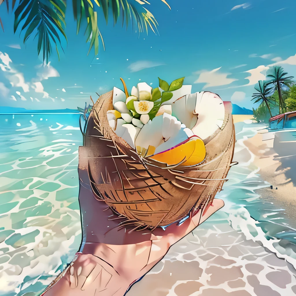 One hand holding coconut，Background with beach and a boat, coconut, , On the tropical beach, Caribbean, jamaican, Caribbean white sand beach, varadero beach, In the seaside environment, describe, Unsplash,  grip