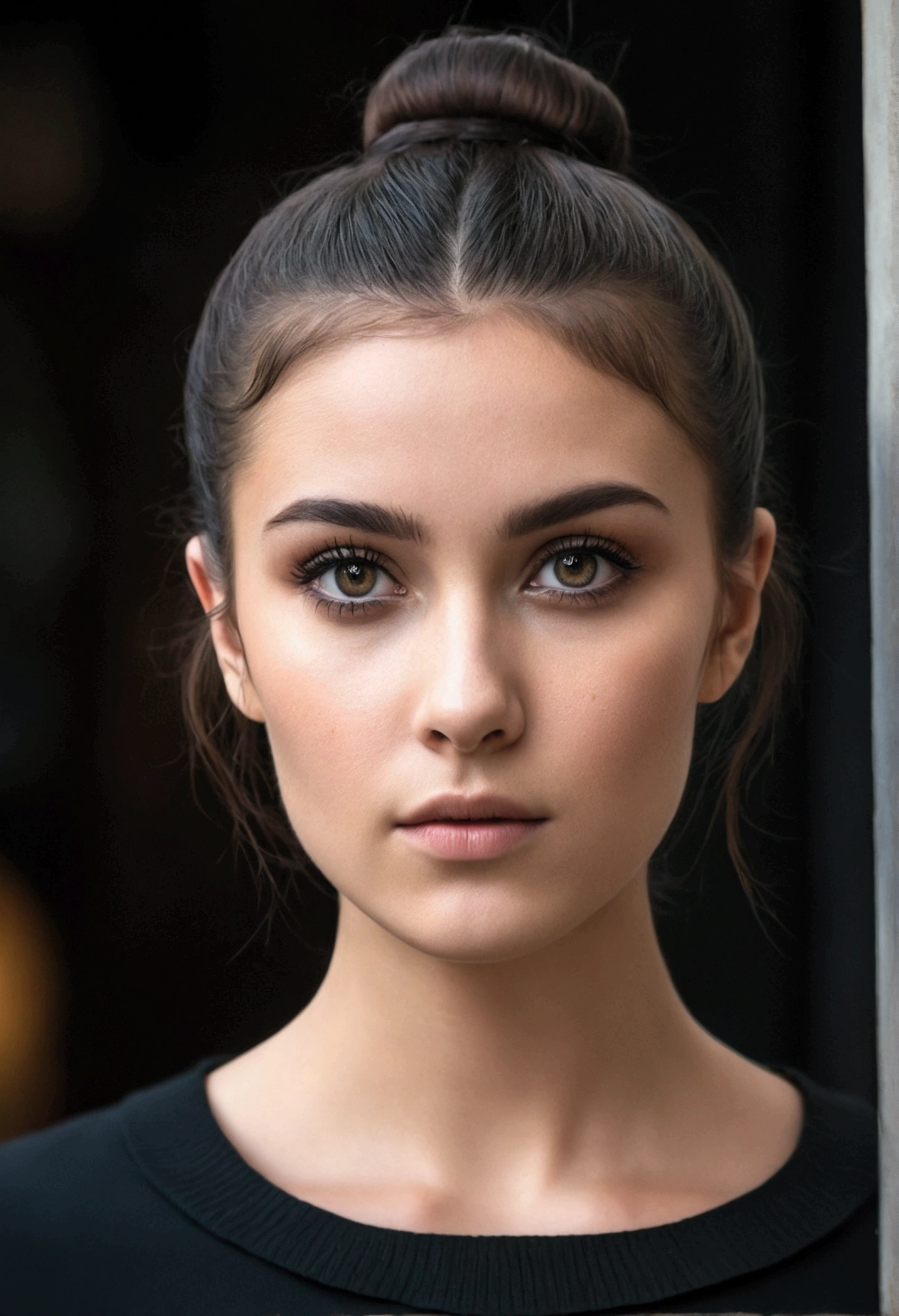 an eye contact of a brunette with bun hair and dark theme